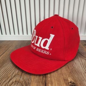 VTG Bud King of Beers Strapback Hat Cap Red White Embroidered Made in USA Slogan